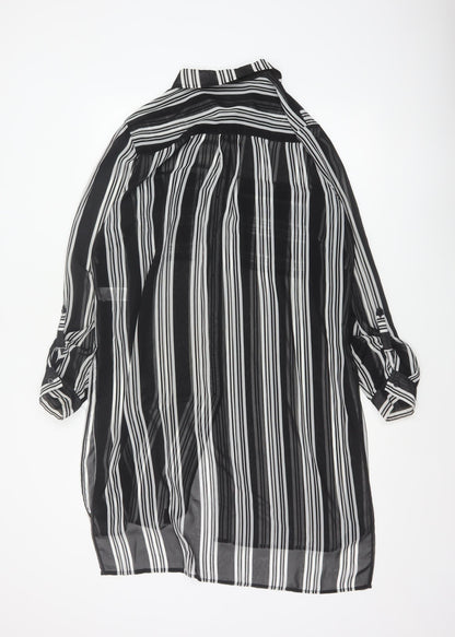 M&S Women Black Ivory Striped Sheer Tunic Button-Up Shirt UK 14