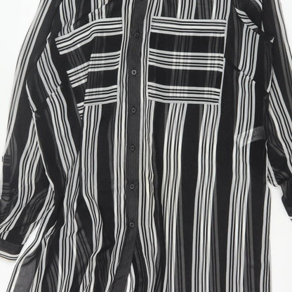 M&S Women Black Ivory Striped Sheer Tunic Button-Up Shirt UK 14