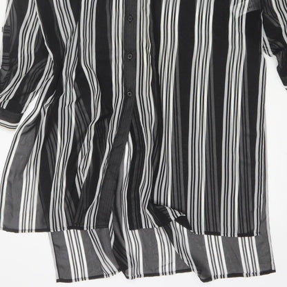 M&S Women Black Ivory Striped Sheer Tunic Button-Up Shirt UK 14