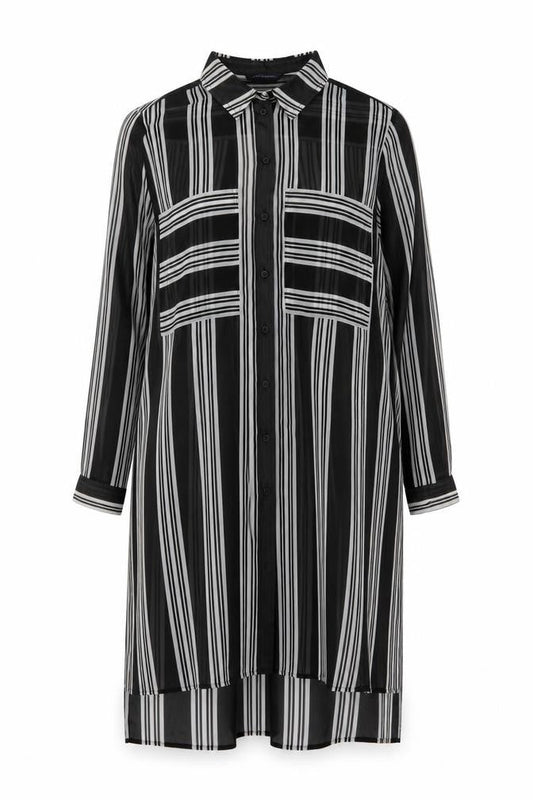 M&S Women Black Ivory Striped Sheer Tunic Button-Up Shirt UK 14