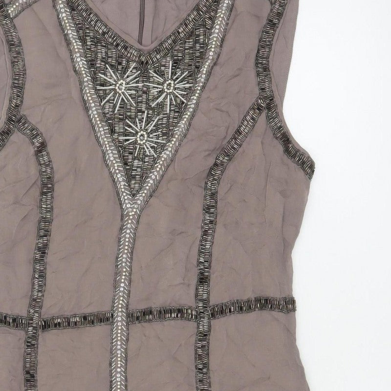 French Connection Women Grey UK 14 Beaded Silk Sheath Knee Dress
