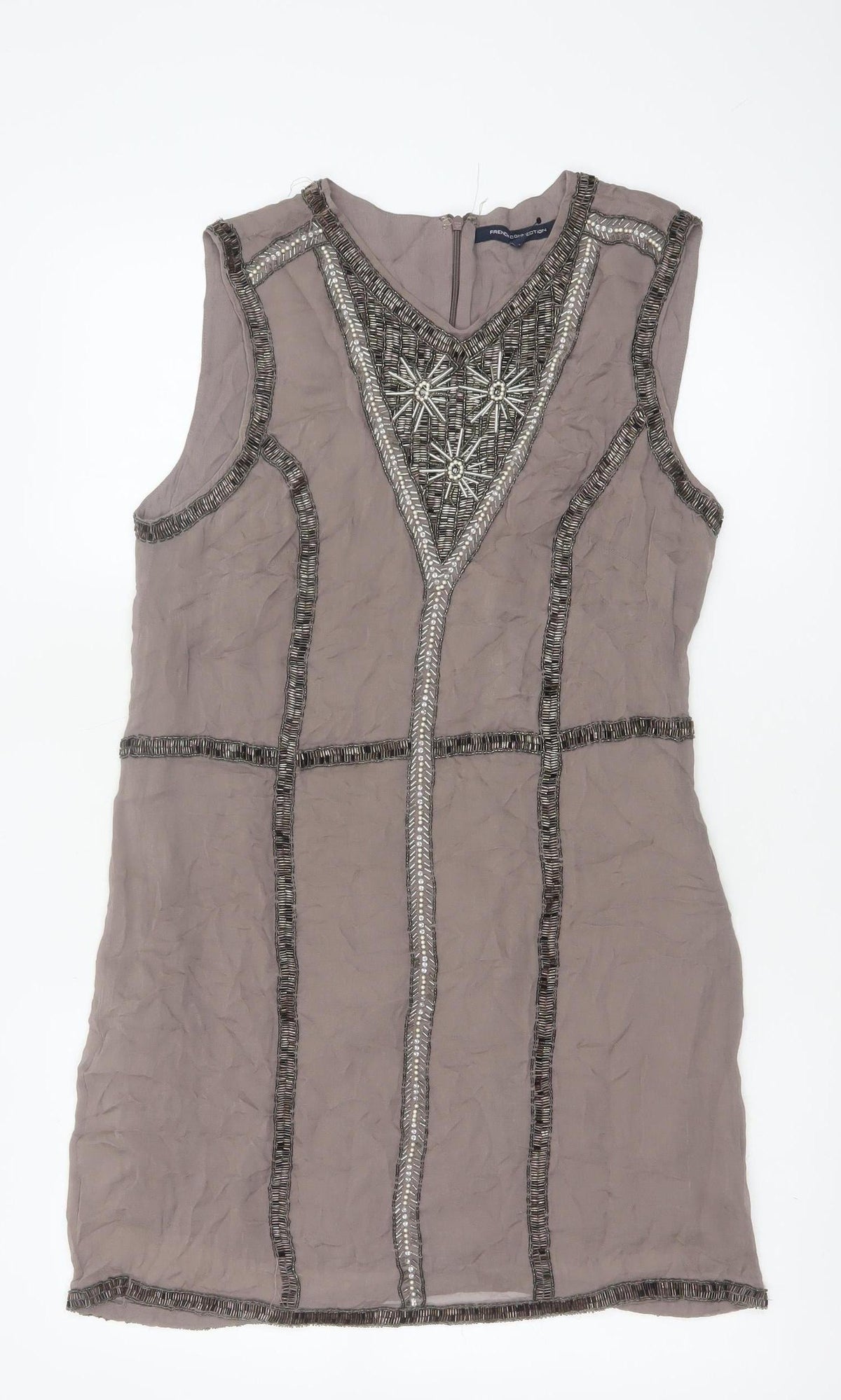French Connection Women Grey UK 14 Beaded Silk Sheath Knee Dress