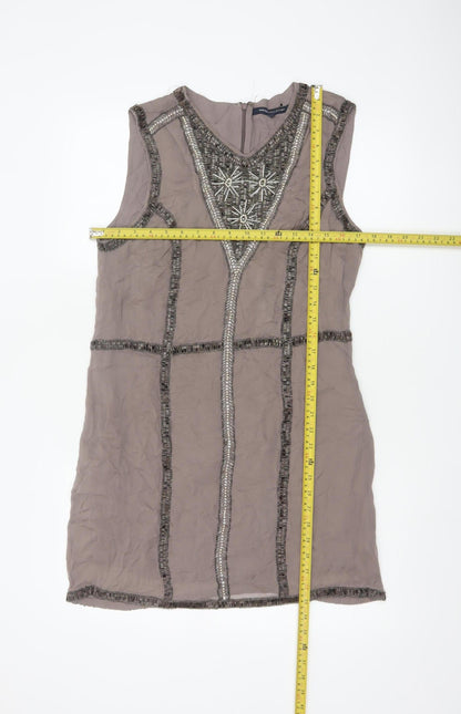 French Connection Women Grey UK 14 Beaded Silk Sheath Knee Dress