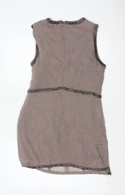 French Connection Women Grey UK 14 Beaded Silk Sheath Knee Dress