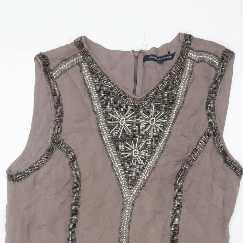 French Connection Women Grey UK 14 Beaded Silk Sheath Knee Dress