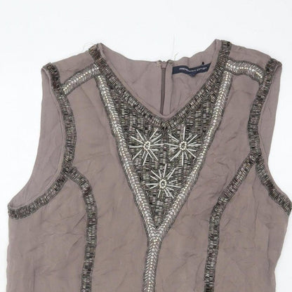 French Connection Women Grey UK 14 Beaded Silk Sheath Knee Dress