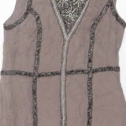 French Connection Women Grey UK 14 Beaded Silk Sheath Knee Dress