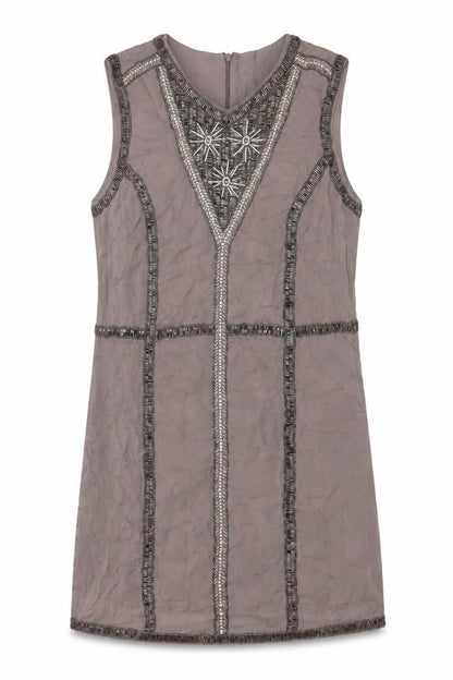 French Connection Women Grey UK 14 Beaded Silk Sheath Knee Dress