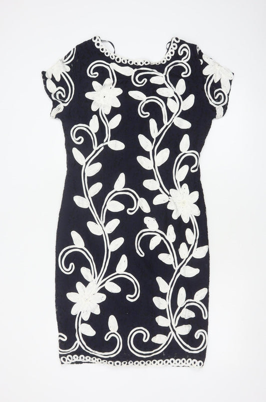 Roman Women Blue Floral Embroidered Bodycon Dress Size 16