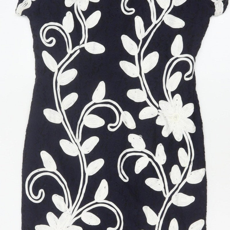 Roman Women Blue Floral Embroidered Bodycon Dress Size 16
