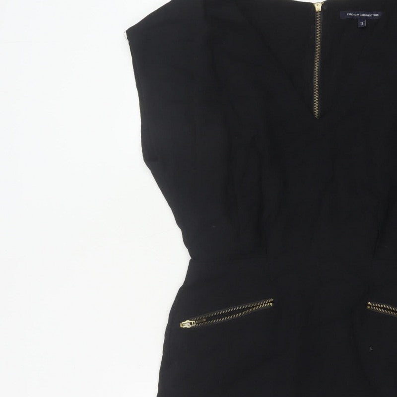 French Connection Women Black UK 12 Pencil Dress Gold Zip Pockets
