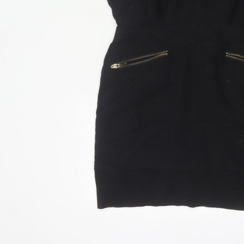 French Connection Women Black UK 12 Pencil Dress Gold Zip Pockets