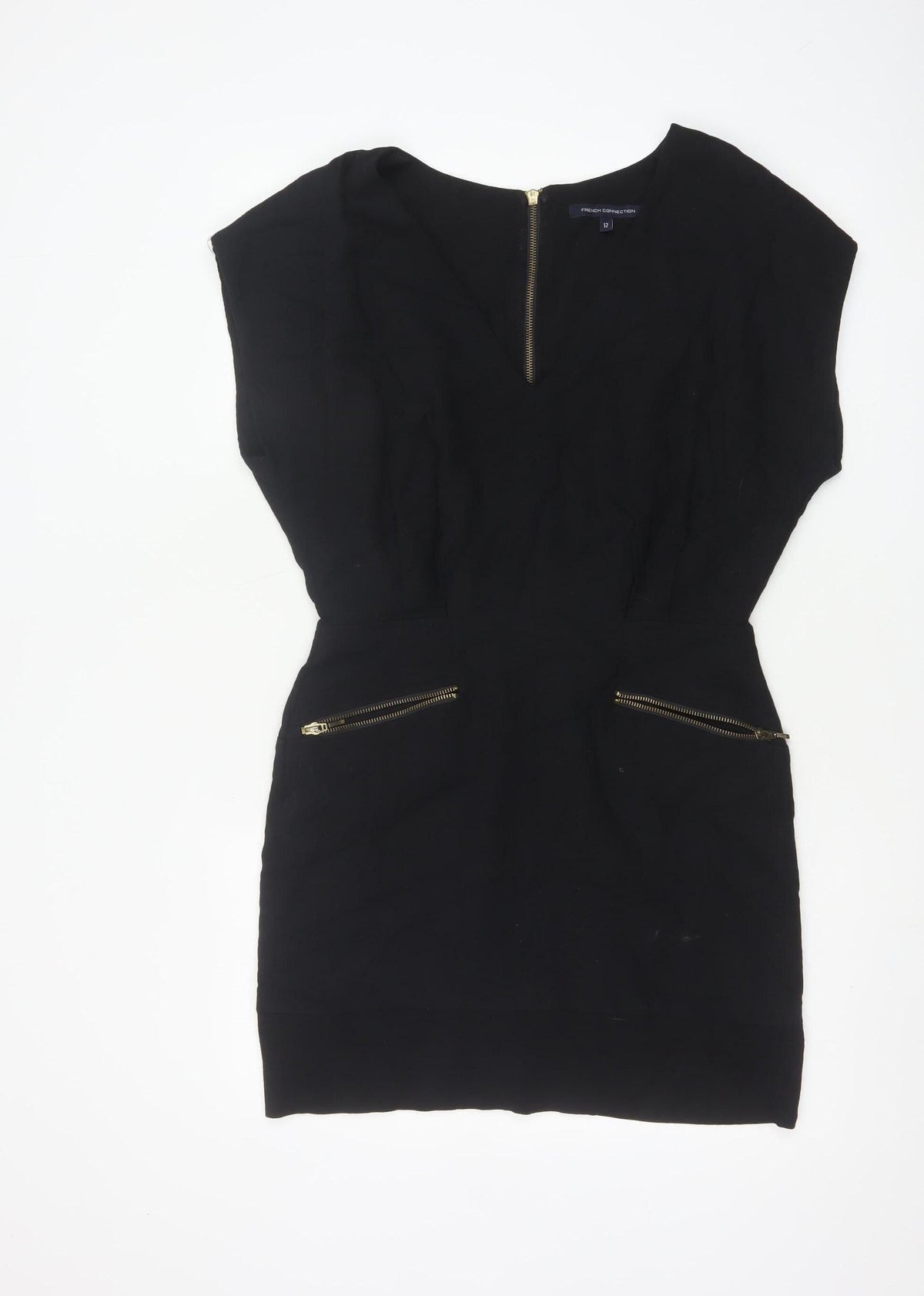 French Connection Women Black UK 12 Pencil Dress Gold Zip Pockets