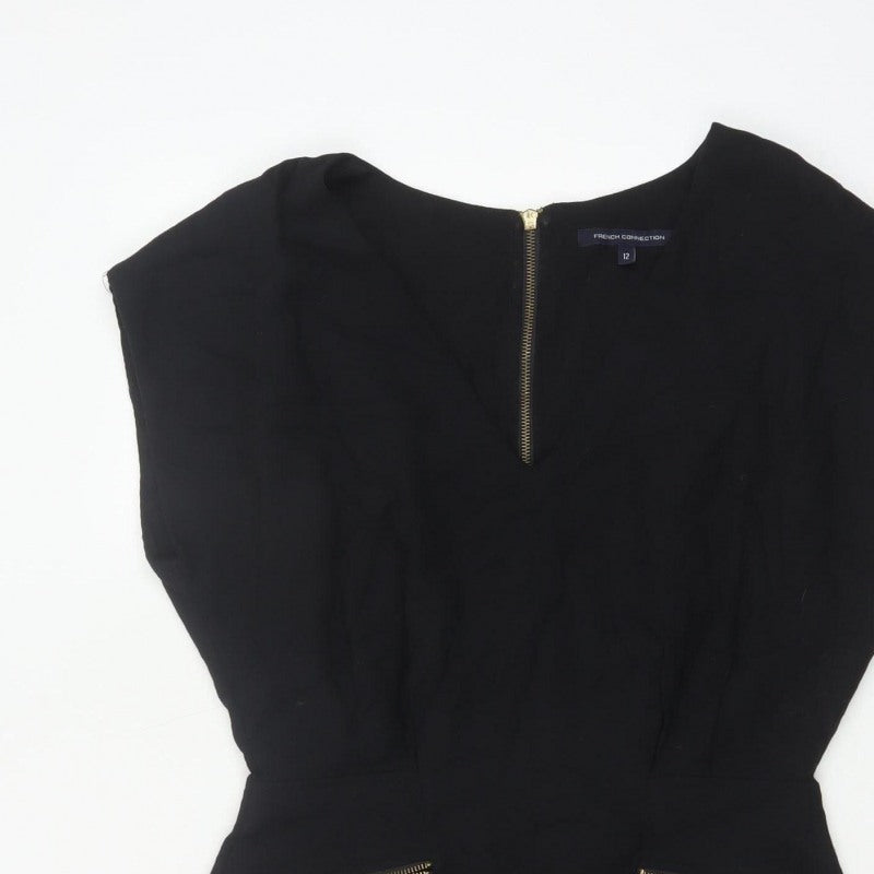 French Connection Women Black UK 12 Pencil Dress Gold Zip Pockets