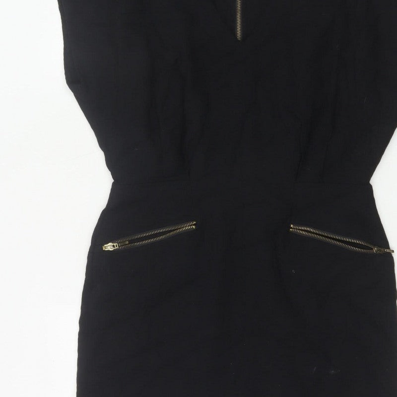 French Connection Women Black UK 12 Pencil Dress Gold Zip Pockets