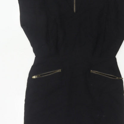 French Connection Women Black UK 12 Pencil Dress Gold Zip Pockets