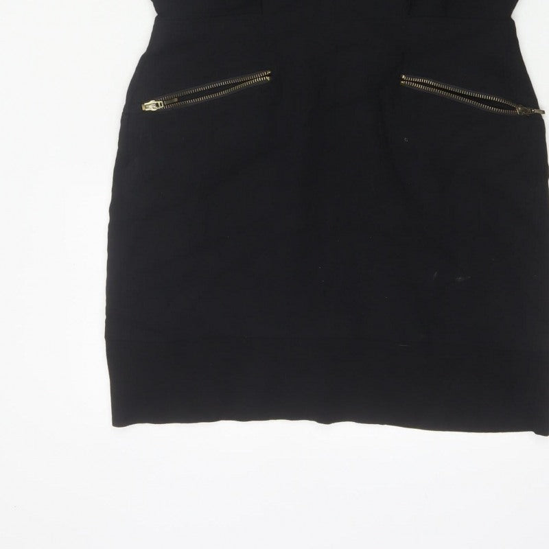 French Connection Women Black UK 12 Pencil Dress Gold Zip Pockets
