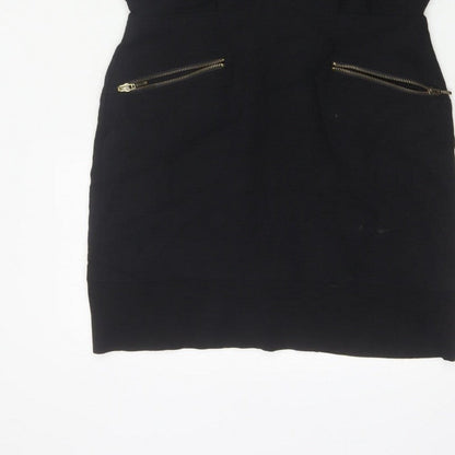 French Connection Women Black UK 12 Pencil Dress Gold Zip Pockets