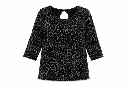 Kim&Co. Women Black Floral Velvet 3/4 Sleeve Keyhole Blouse M