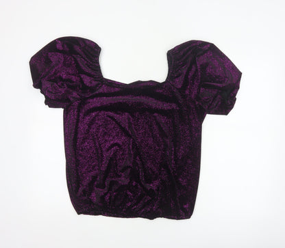 M&Co Women Black Purple Glitter Velvet Puff Sleeve Blouse UK 14