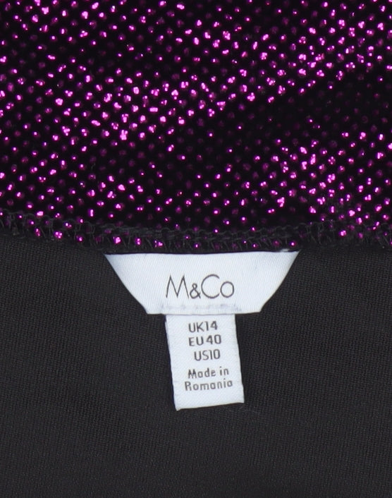 M&Co Women Black Purple Glitter Velvet Puff Sleeve Blouse UK 14