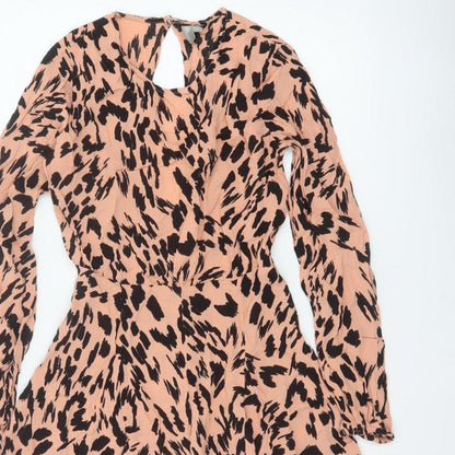 ASOS Women Pink Animal Print Long Sleeve Ruffle Playsuit UK 10