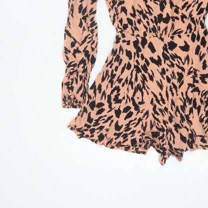 ASOS Women Pink Animal Print Long Sleeve Ruffle Playsuit UK 10