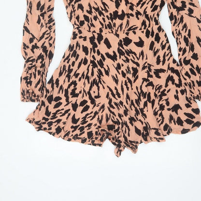 ASOS Women Pink Animal Print Long Sleeve Ruffle Playsuit UK 10