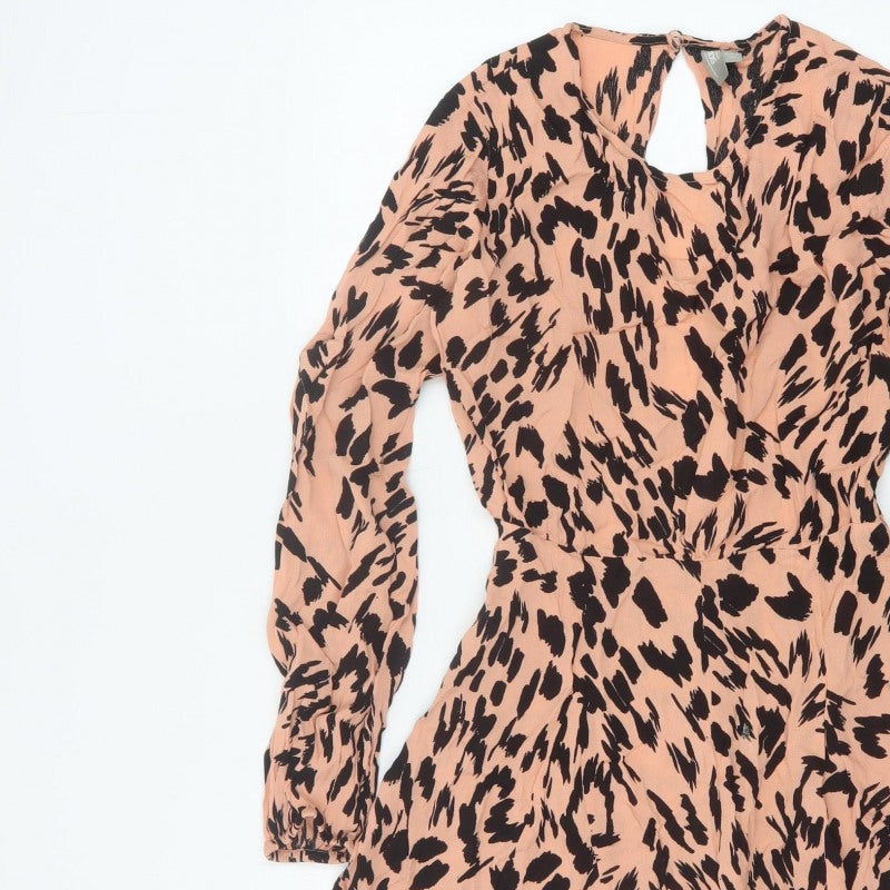 ASOS Women Pink Animal Print Long Sleeve Ruffle Playsuit UK 10