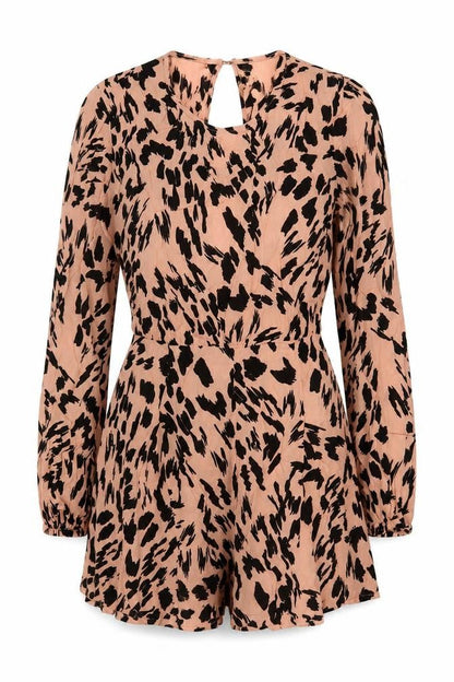 ASOS Women Pink Animal Print Long Sleeve Ruffle Playsuit UK 10