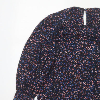 Monsoon Women Blue Leopard Print High Neck Puff Sleeve Blouse Size S