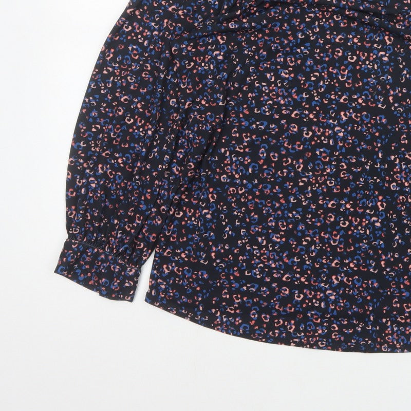 Monsoon Women Blue Leopard Print High Neck Puff Sleeve Blouse Size S