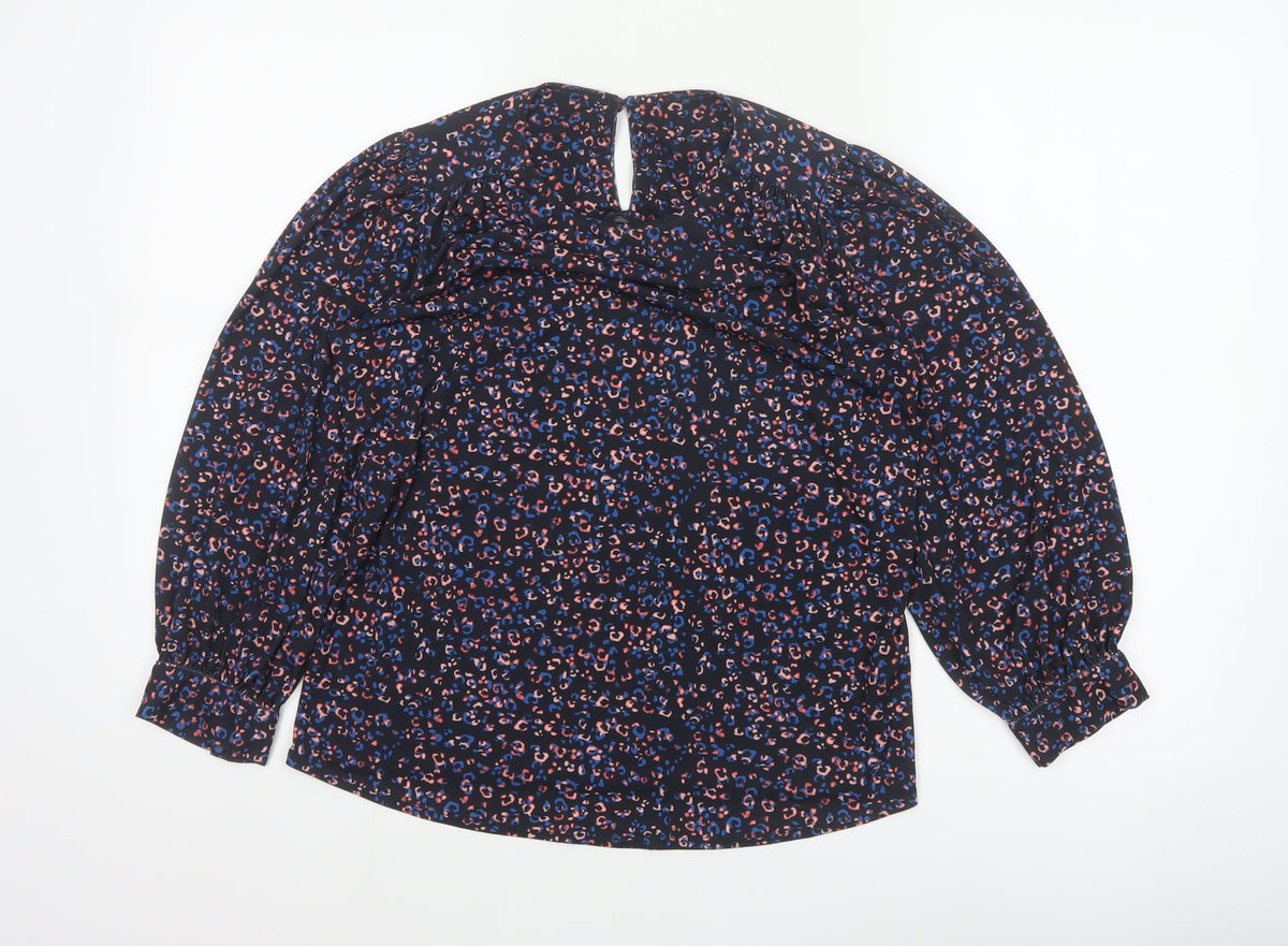 Monsoon Women Blue Leopard Print High Neck Puff Sleeve Blouse Size S