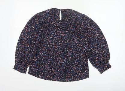 Monsoon Women Blue Leopard Print High Neck Puff Sleeve Blouse Size S