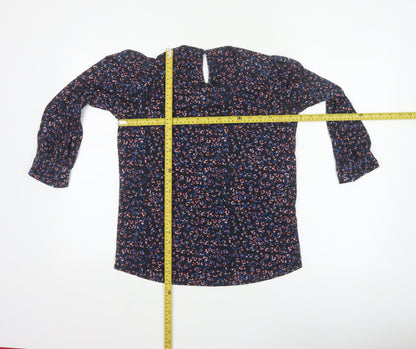 Monsoon Women Blue Leopard Print High Neck Puff Sleeve Blouse Size S