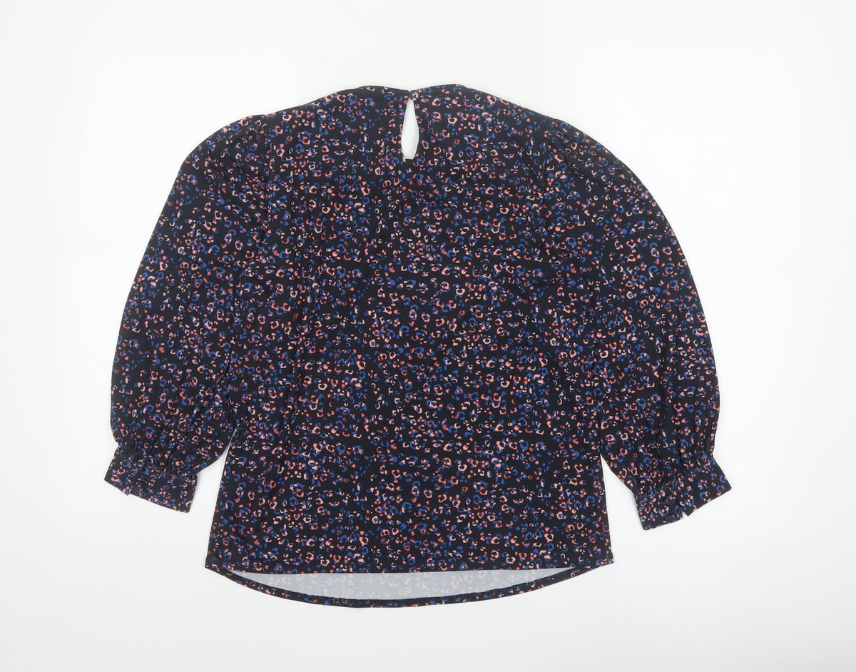 Monsoon Women Blue Leopard Print High Neck Puff Sleeve Blouse Size S