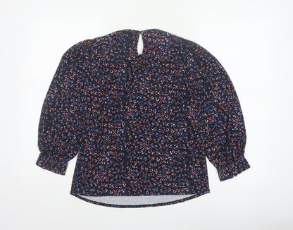 Monsoon Women Blue Leopard Print High Neck Puff Sleeve Blouse Size S