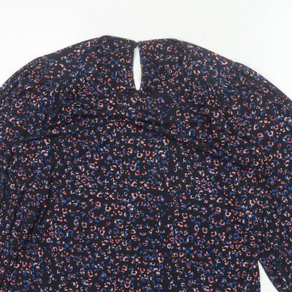 Monsoon Women Blue Leopard Print High Neck Puff Sleeve Blouse Size S