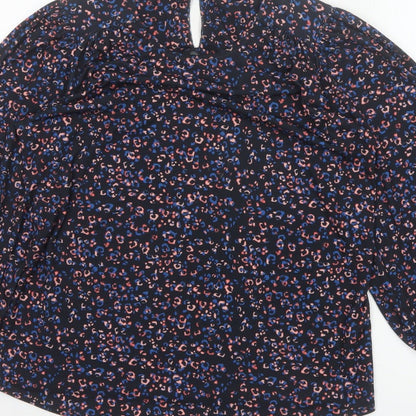 Monsoon Women Blue Leopard Print High Neck Puff Sleeve Blouse Size S