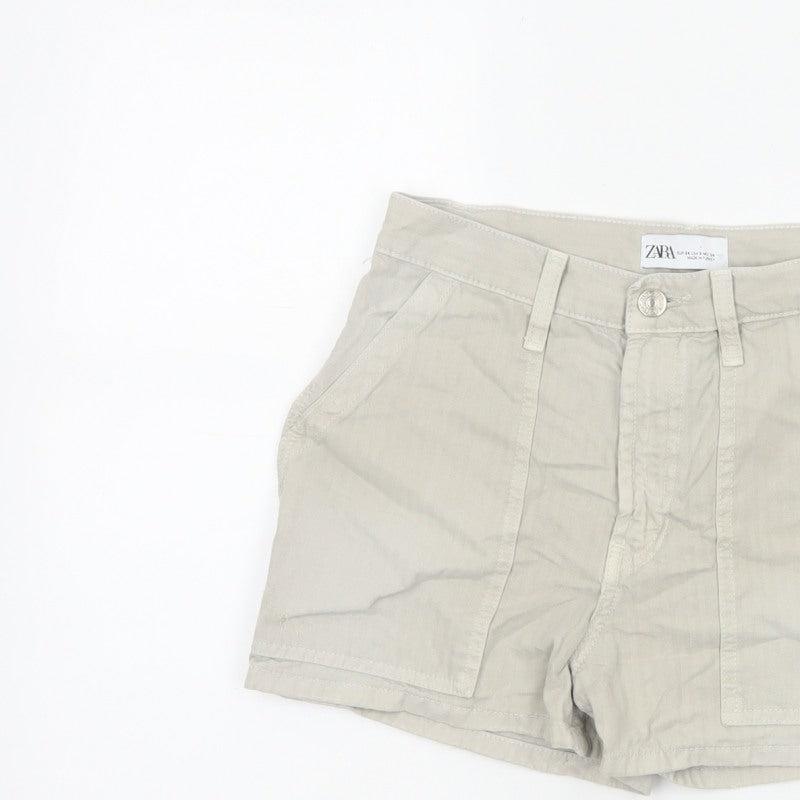 Zara Women Beige UK 6 High Rise Cotton Utility Shorts Pockets