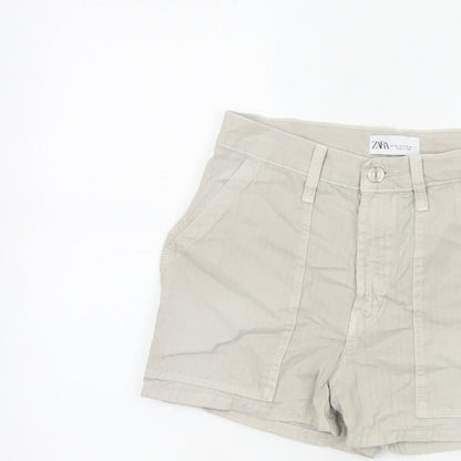 Zara Women Beige UK 6 High Rise Cotton Utility Shorts Pockets