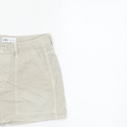 Zara Women Beige UK 6 High Rise Cotton Utility Shorts Pockets