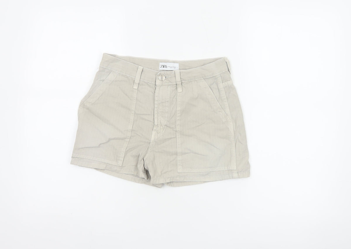 Zara Women Beige UK 6 High Rise Cotton Utility Shorts Pockets