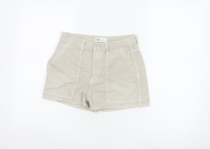 Zara Women Beige UK 6 High Rise Cotton Utility Shorts Pockets