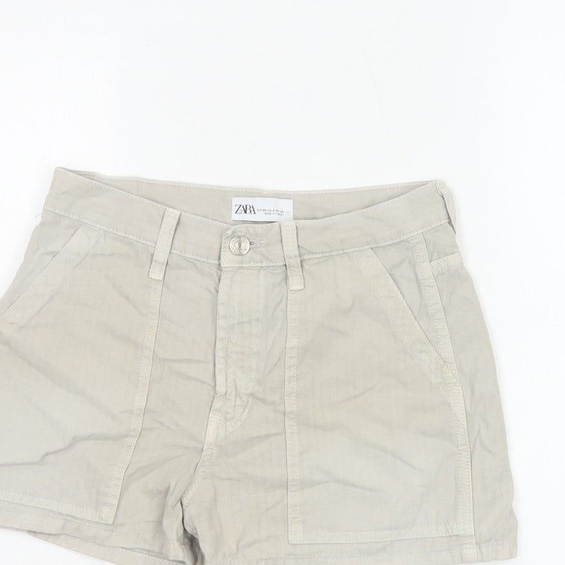 Zara Women Beige UK 6 High Rise Cotton Utility Shorts Pockets