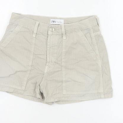 Zara Women Beige UK 6 High Rise Cotton Utility Shorts Pockets