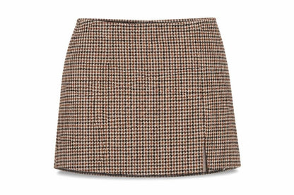 H&M Women Brown XL Houndstooth Straight Pencil Mini Skirt