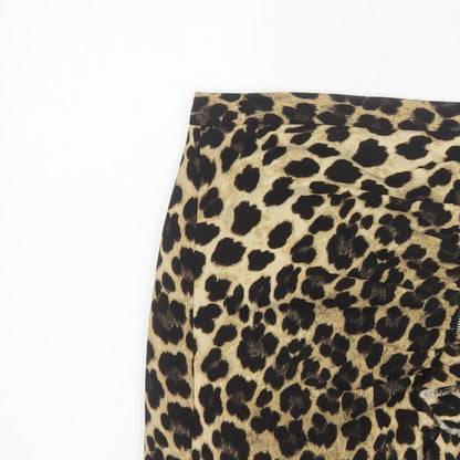 Zara Basic Women Beige Leopard Print Mini Skirt UK 8 Zip