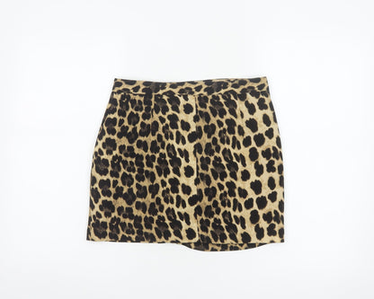 Zara Basic Women Beige Leopard Print Mini Skirt UK 8 Zip