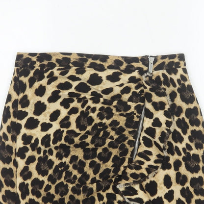 Zara Basic Women Beige Leopard Print Mini Skirt UK 8 Zip